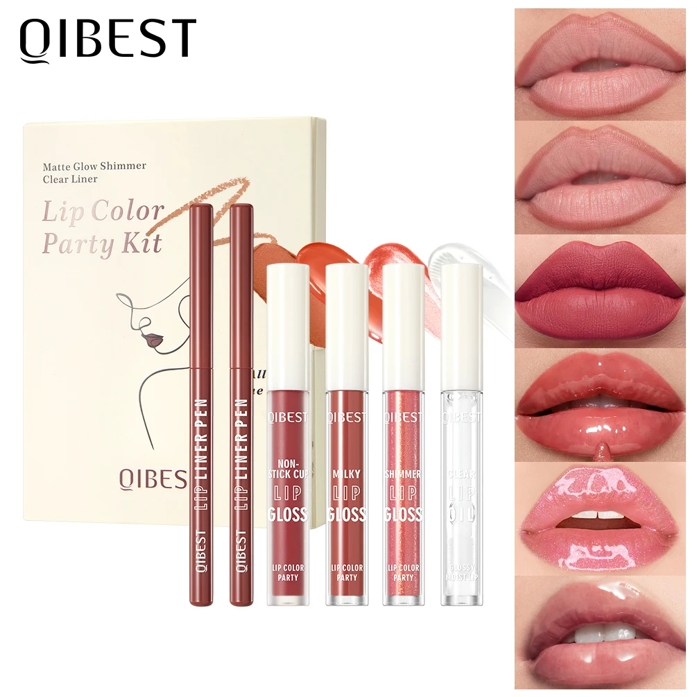 

QIBEST Lip Color Party Kits Include 2*Lipliner,1 Matte Liquid Lipstick,2 Mirror Lip Glaze And 1 Transparent Lip Oil Makeup Sets