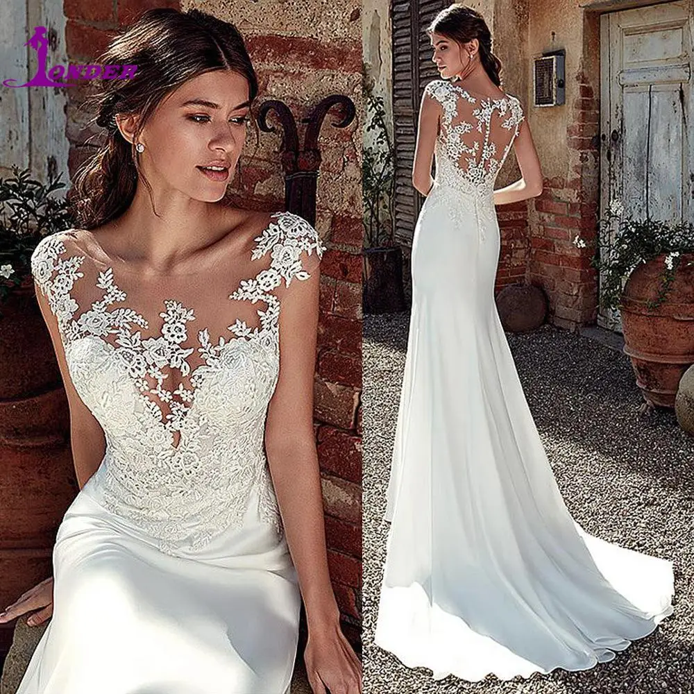 SONDER Abiti da sposa a sirena con applicazioni in pizzo a maniche corte con scollo a V profondo personalizzati Bottoni sottili naturali sul retro Abito da sposa da donna L