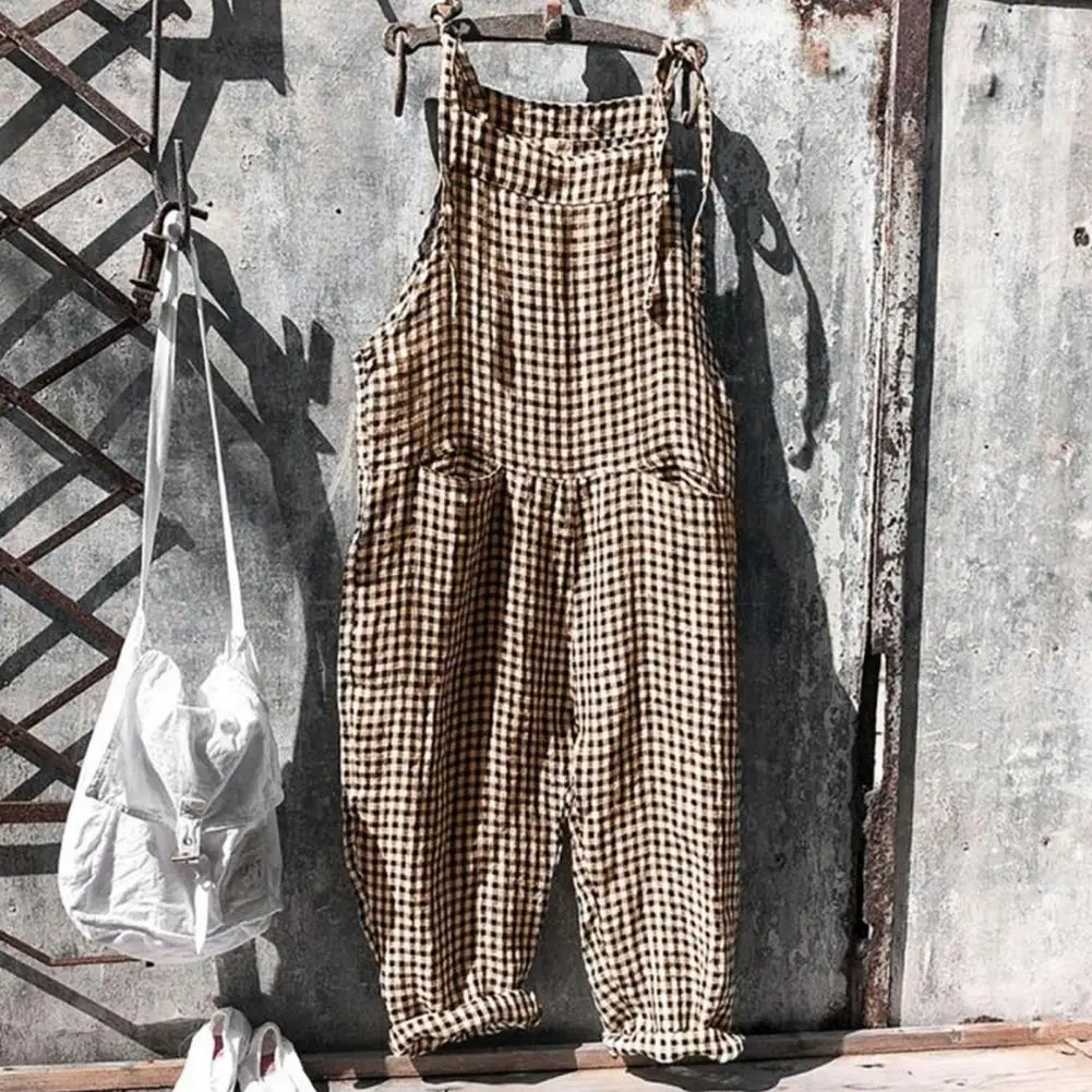 Plaid Print Overall Plaid Print Deep Crotch Backless Jumpsuit with Pockets Casual Stylish Women's Daily Wear Women Plaid