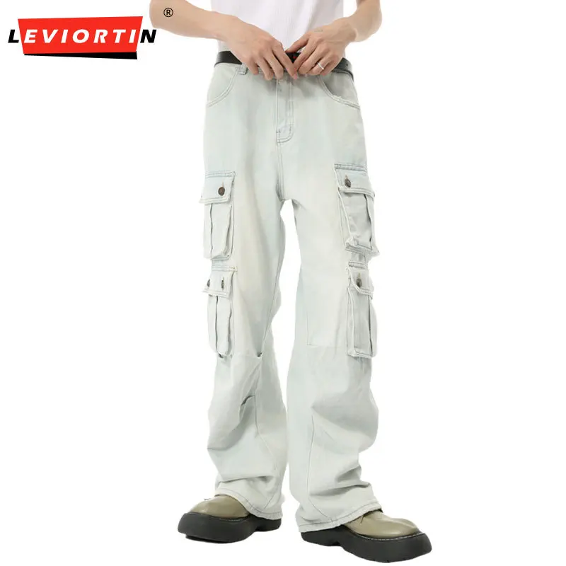 Men's Cargo Jeans Pants 2024 Autumn American Style Light Color Washed Multi Pocket Cowboy Wide Legs Workwear Denim Pants