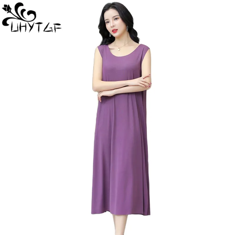 

UHYTGF Nightdress Womens Thin Ice Silk Dress Female Sleeveless O Neck Pullover Summer Sleepwear Ladies Home Clothes Pajamas 2647