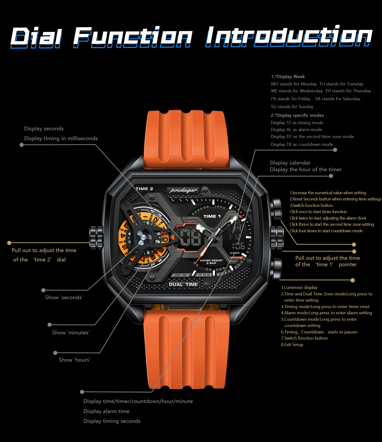 POEDAGAR Sport Männer Armbanduhren Datum Woche Leuchtende LED Mode Mann Uhr Silikon Armband Elektronische Dual Time Quarz herren Uhr – Detail 7