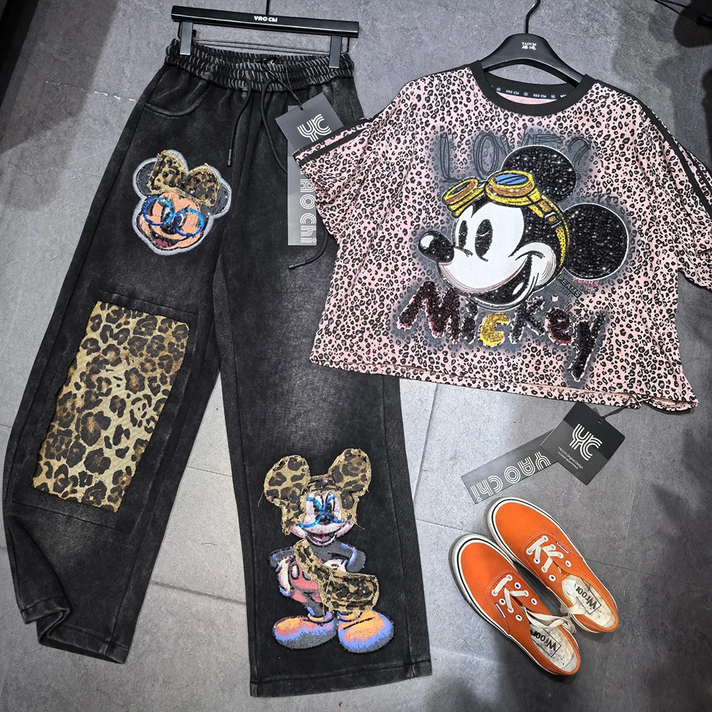 

plus Size Glitter Cartoon Short Sleeve T-Shirt Loose Versatile Women's Pants Heavy Embellishment Casual Fashion for plus Size