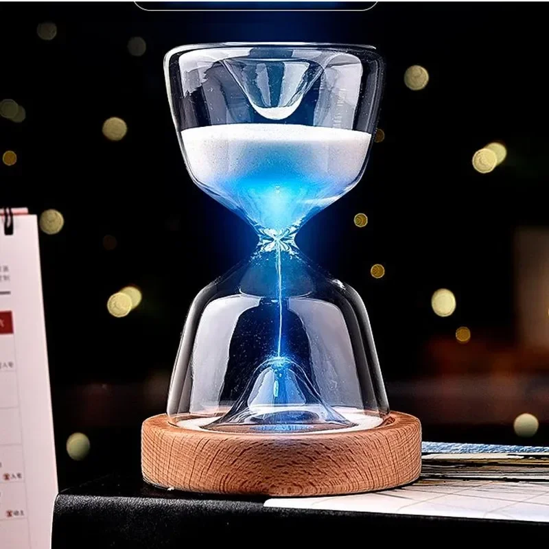 

15 Minutes Luminous Remote Control Glass Hourglass Sand Timer Wood Bottom Night Light Sandglass Desk Home Decorative Toys