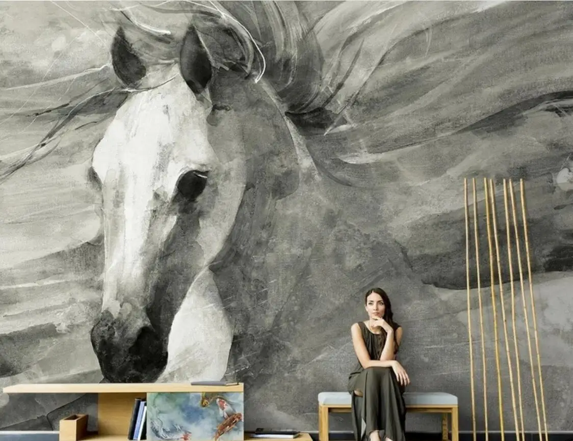 

Nordic hand painted abstract black and white horse mustang living room TV background wallpaper custom mural papel de parede