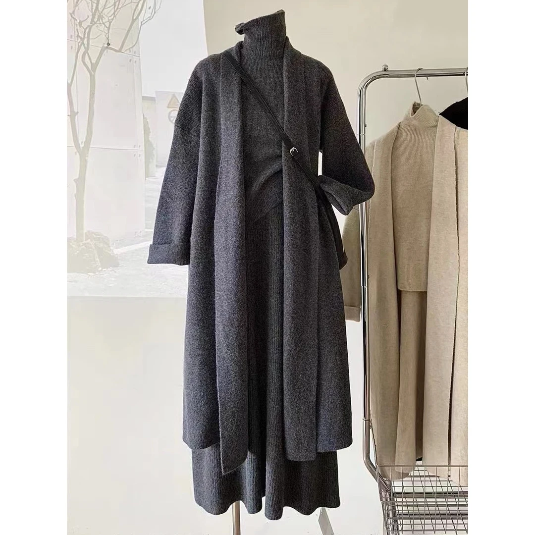 Lazin Sle T-stuk trui set lange herfst winter Faion f rok gebreide trui set Ice Cr kleur pure kleur