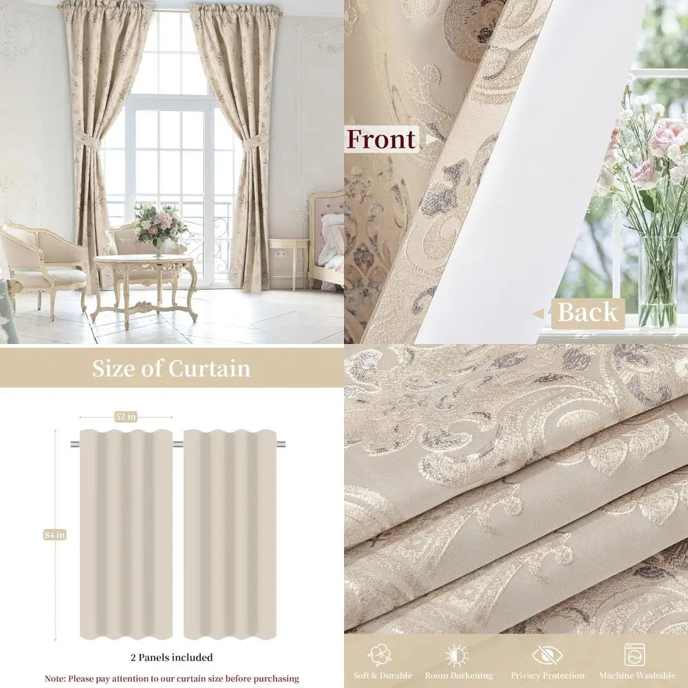 

Элегантные дамасские шторы, плотные жаккардовые панели с подкладкой и подхватами, 52x84 дюйма, светло-абрикосовые, для декора спальни и гостиной