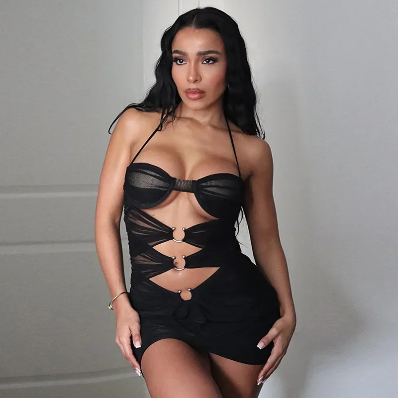 

2024 new summer style sexy hot girl mesh see-through hole halterneck strappy slim hip dress elegant sexy party club clothing