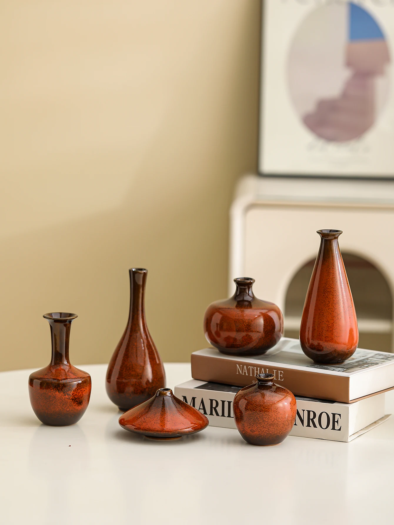 Set of 6 small ceramic vases in yellow, orange and red glazes; vintage-style crackled-glaze mini vases, ideal for home décor and