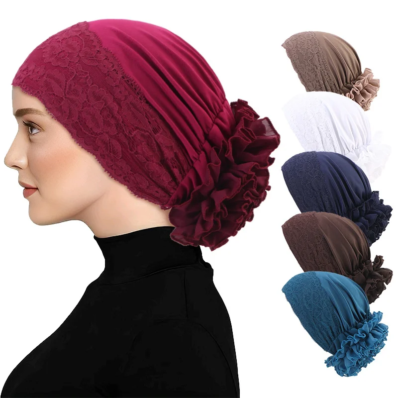 

New Women Lace Chiffon Elegant Floral Turban Hat Muslim Under Hijab Caps Elastic Bonnet Beanie Head Scarf Wrap Cancer Chemo Cap