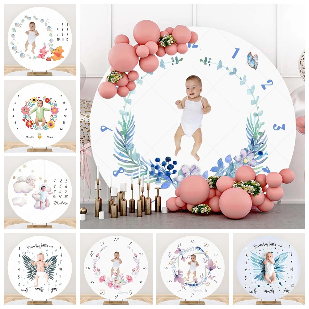 

Baby Milestones Flowers Calendar Newborn Kid Gift Birthday Party Round Backdrop Custom Wall Photo Poster Studio Decor Background