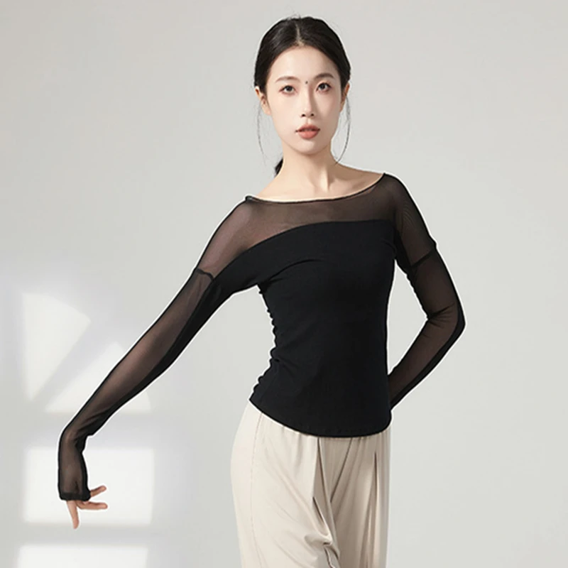 

Топ для современных танцев, женская элегантная блузка с длинными рукавами и сетчатыми вставками, одежда для танцев, тренировок, йоги, повседневная одежда
