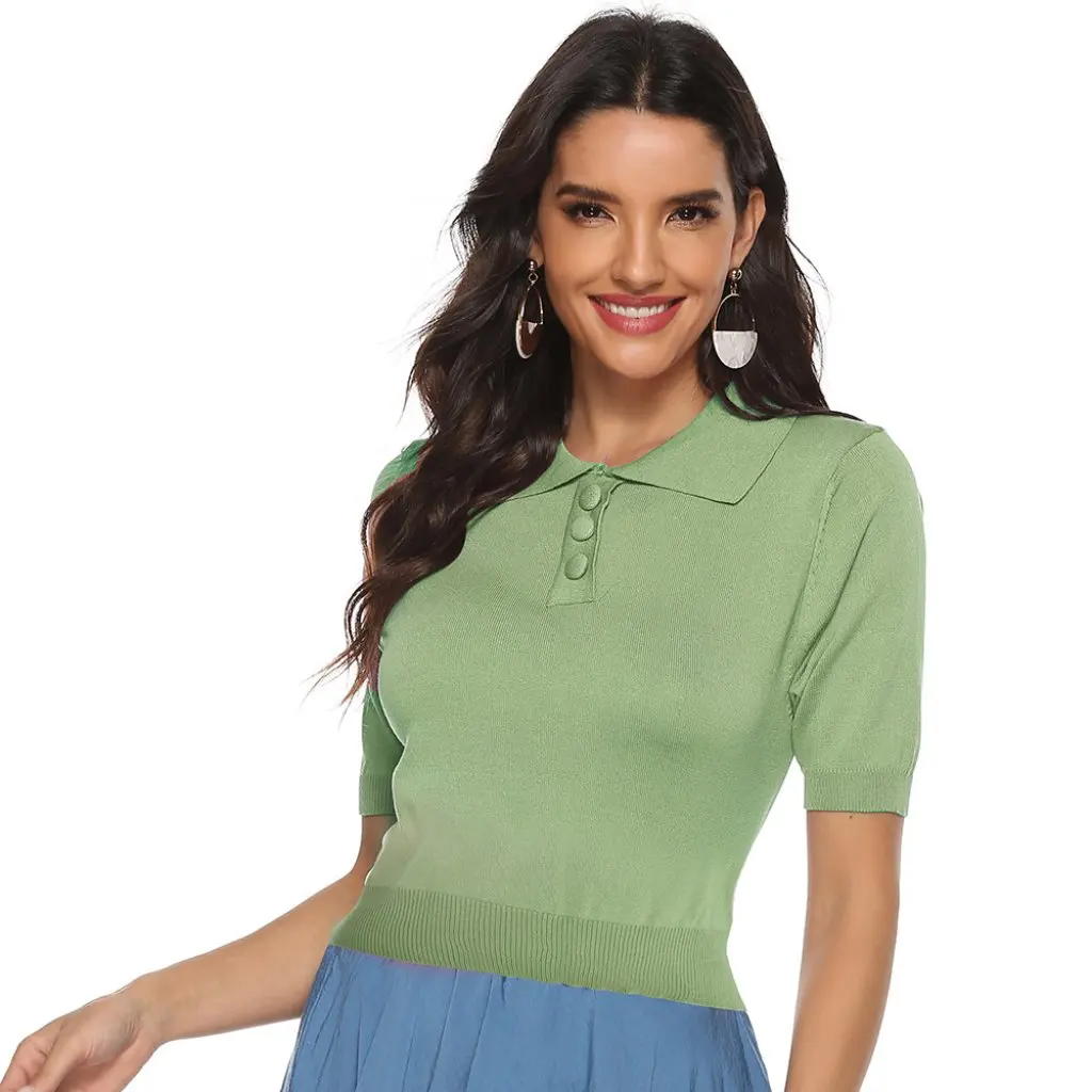 

Women's Candy-Colored Polo Collar Knitwear Short-Sleeved Casual Solid Color Top for Students Simple Jr2316