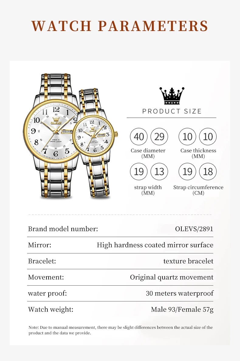 OLEVS 2891 Relojes de pareja Reloj de pulsera de cuarzo con calendario dual resistente al agua con esfera digital grande clásico para hombres y mujeres Regalos para amantes