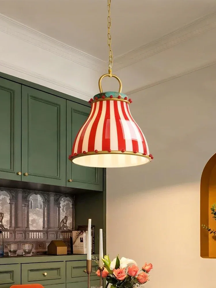 Retro Colorful Glass Pendant Light Candy Red Stripes Decor Lamp Children's Bedroom Hanging Chandelier for Living Room Restaurant