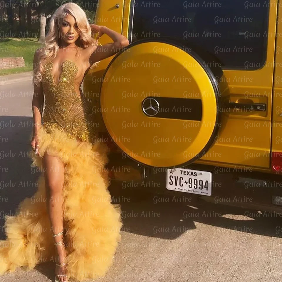 

Sparkly Gold Diamonds Mermaid Prom Dress 2026 For Black Girls Glitter Rhinestones Beads Ruffles Birthday Party Dress Customized