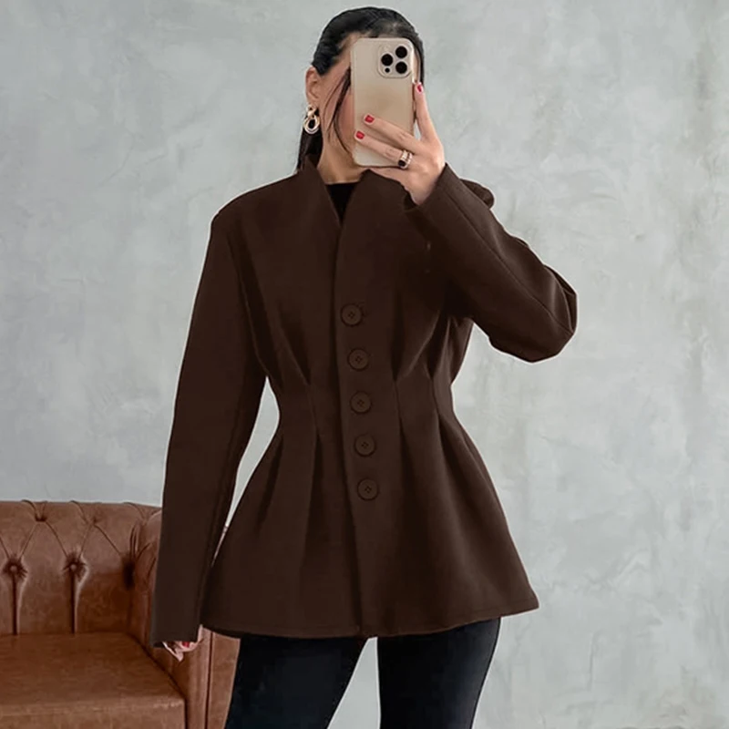 Elegant Brown Wool Blazer Jacket for Women - Retro Style