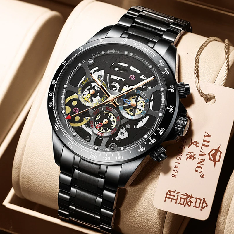 

AILANG Black Steel Band Automatic Mechanical Watch 2024 New Fashion Hollow Dial Design Luminous Waterproof Clock For Men 8827A