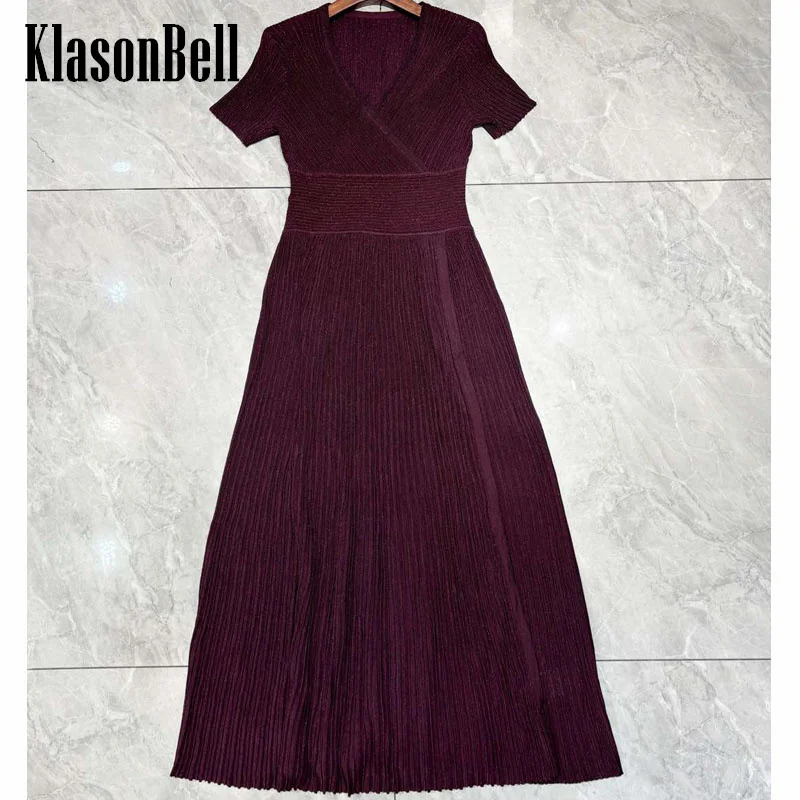 1.19 KlasonBell Bright Silk Knitted Dresses V-Neck High Waist Split Design Comfortable Breathable Long Sleeve Dress For Women