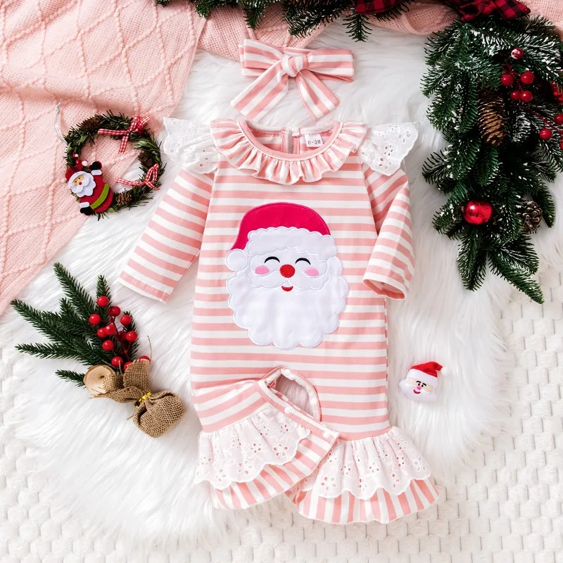 

New Baby Girls' Christmas 2-Piece Outfit - Striped Ruffle Lace Romper + Headband, Long-Sleeve Newborn Clothes 0-18M