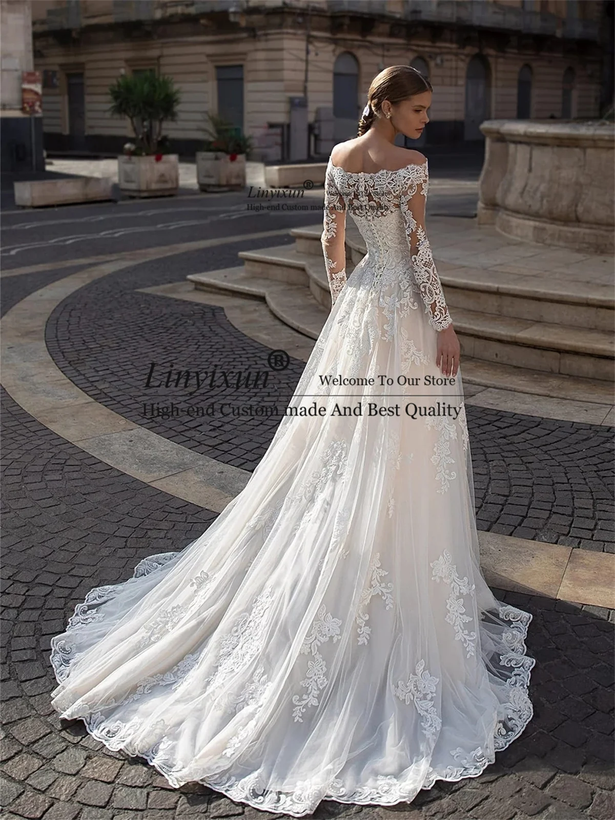 Luxury Lace A Line Wedding Dresses Appliques Full Sleeves  Off The Shoulder Bridal Gowns Button Court Train Vestido De Casamento