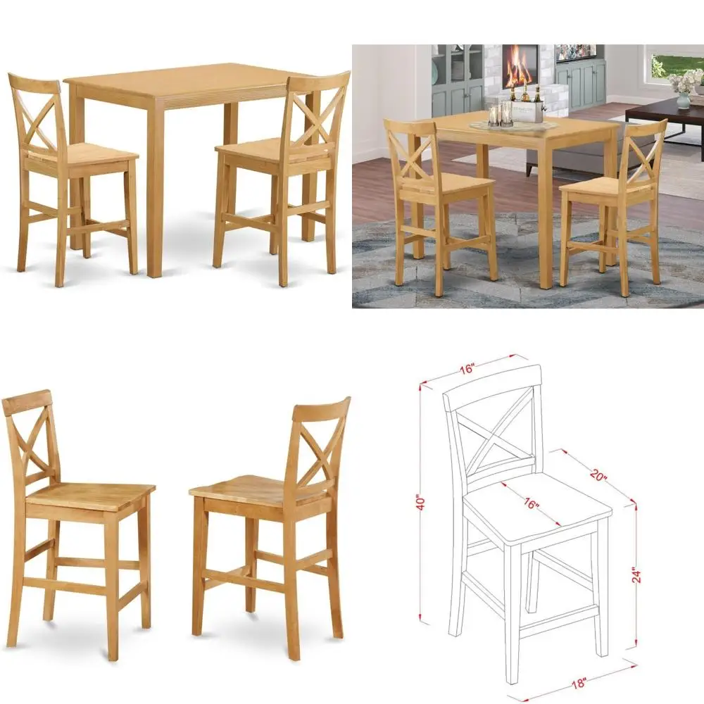 직사각형 테이블과 2개의 나무 스툴이 포함된 주방용 카운터 높이 식탁 세트