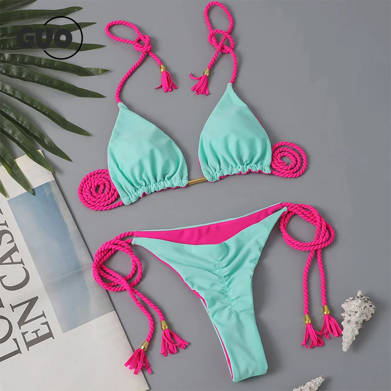 Bikini de dos piezas triangular con cordón Halter para mujer, traje de baño Sexy con cordones, ropa de playa separada para verano, colores contrastantes