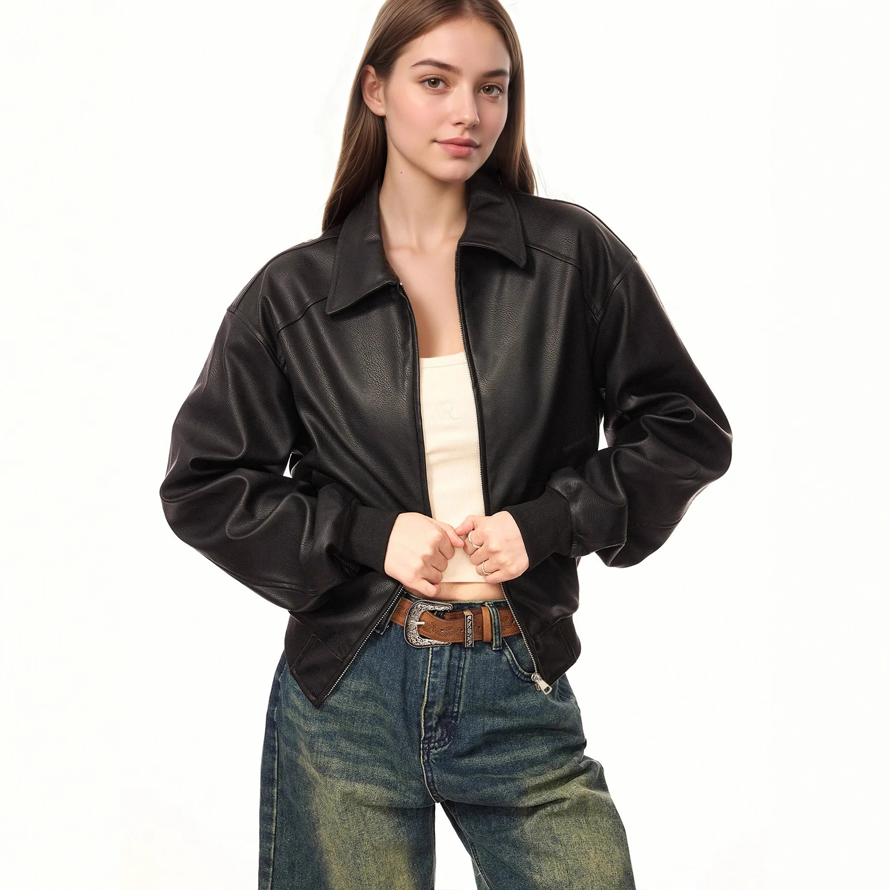 

Cross border foreign trade hot selling retro collar black leather jacket short jacket for women 2026 early spring new jacket top