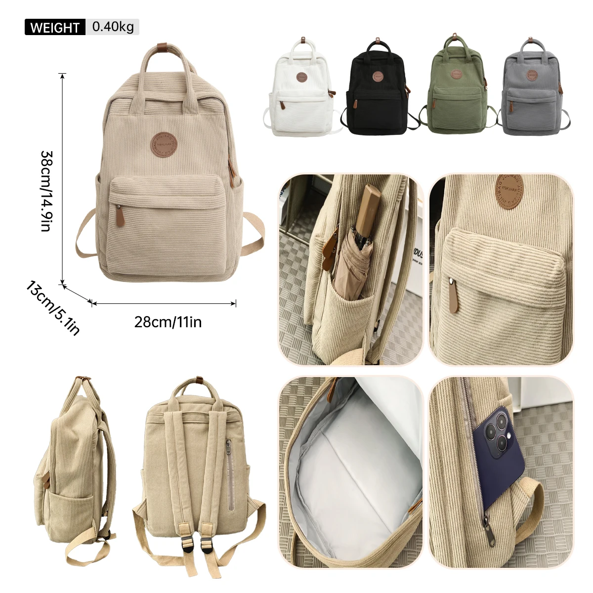 Corduroy School Bag for Middle School Students, Ins-Style 