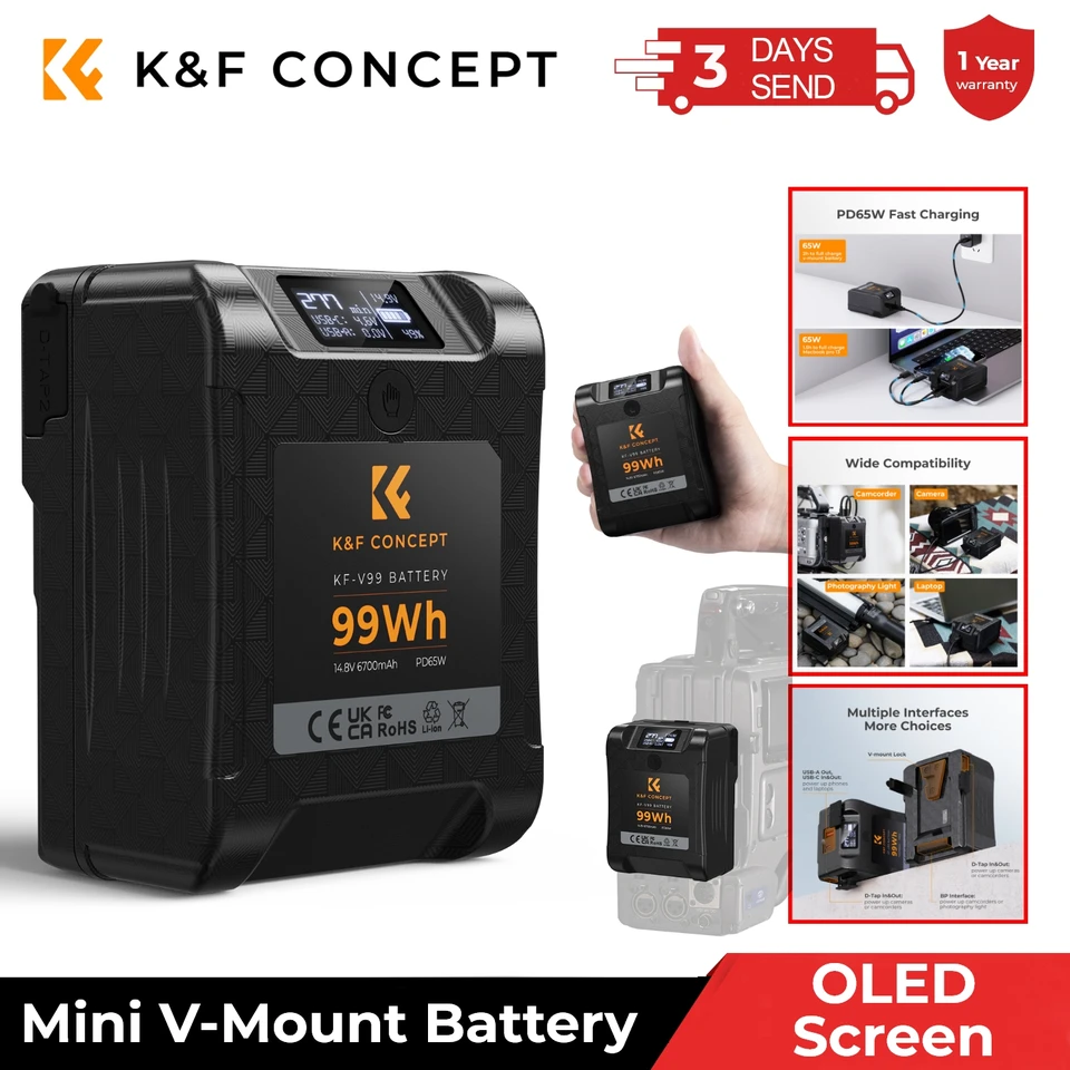 Batería V-Mount K&F Concept 99Wh 6700mAh: Carga Rápida PD 65W, Pantalla OLED, Para Viaje (avión)