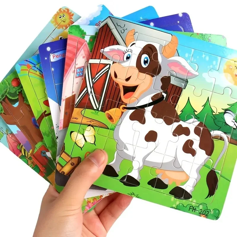 20 buah mainan Puzzle kayu 3d, kendaraan hewan kartun Jigsaw Puzzle Montessori untuk pesta ulang tahun anak-anak hadiah hadiah