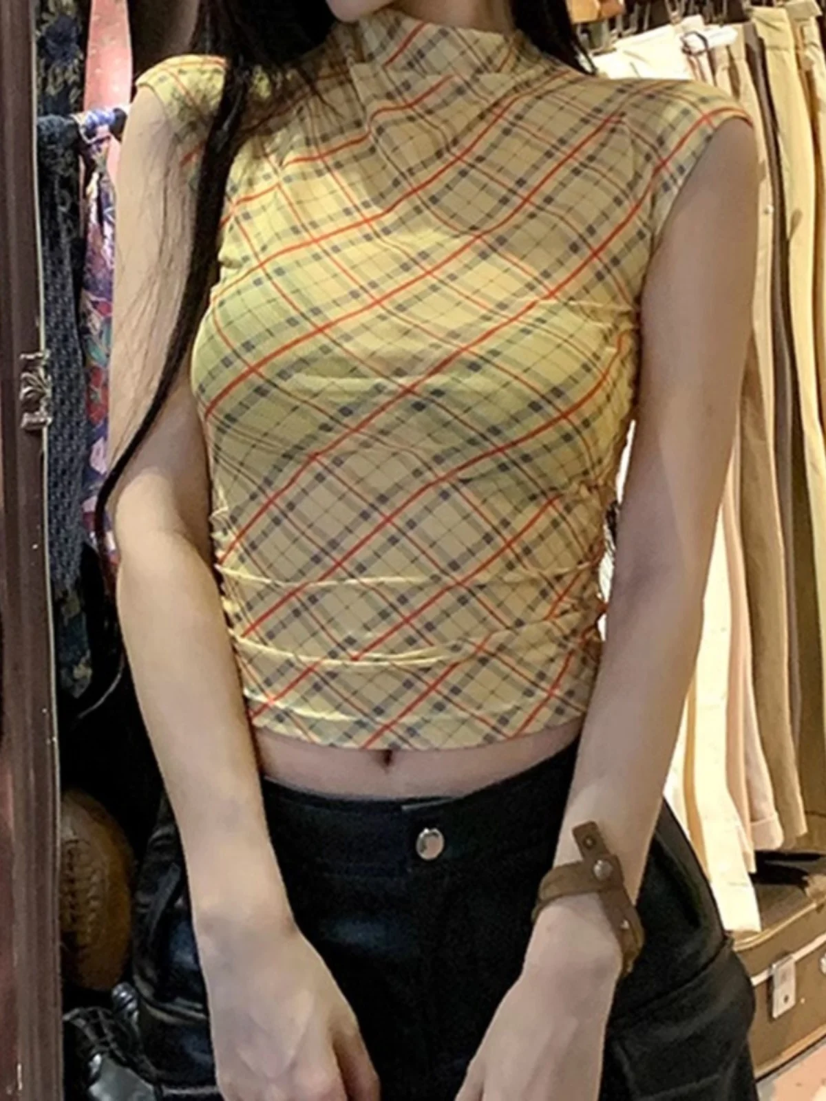 Summer Short Sleeve T-Shirt Women's Sexy American Hot Girl Belly Show Mesh Top Half High Collar  Length Checkered Pattern