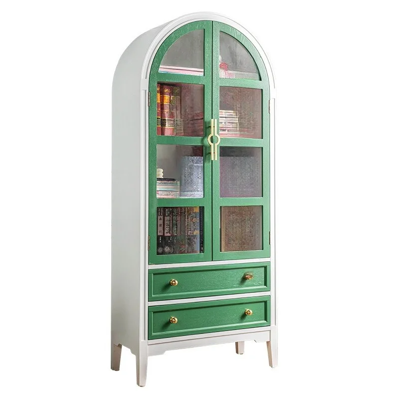 bookcase with glass door, solid wood retro bookshelf integrated against the wall, living room home dust-proof black bookcase