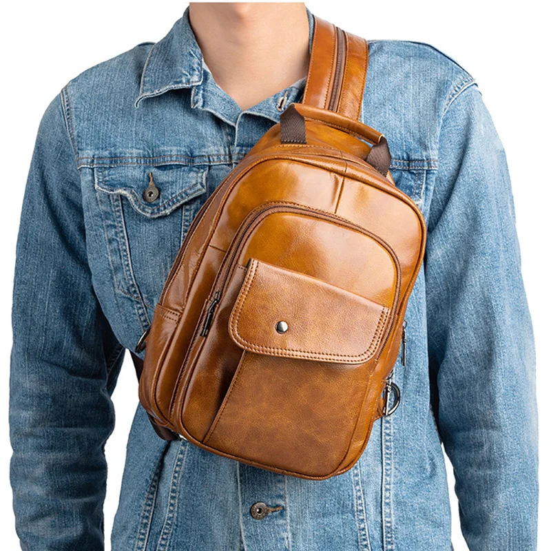 Men Backpack Cross body Shoulder Chest Bag Real Cowhide Retro Travel Designer Male Genuine Leather Knapsack School Rucksack