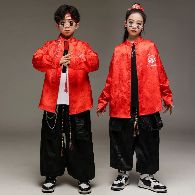 

Детская одежда в стиле хип-хоп, куртка с принтом красного дракона, уличная одежда, широкие брюки с принтом черного дракона для девочек и мальчиков, танцевальный костюм, одежда