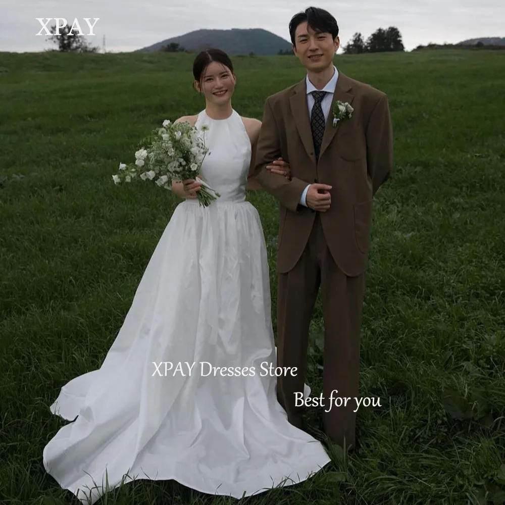 

XPAY Simple Korea Wedding Dresses O-Neck Sleeveless A-line Elegant Bridal Gown Sweep Tarin Photo Shoot Dresses Custom Made