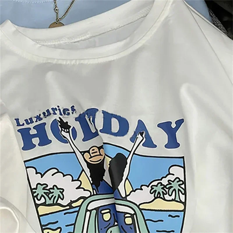 Retro-Amerikanisches Damen-T-Shirt, Sommer-Kurzarm-Oberteil, schickes weißes, trendiges Rundhals-T-Shirt mit Print, Damenbekleidung – Detail 4
