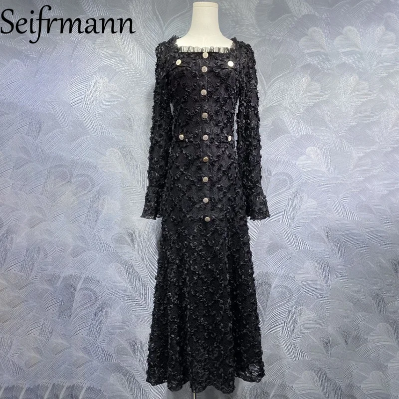 

Seifrmann 2026 Summer Women's New Fashionable Square Collar Long Sleeve Flower Waist cinching Solid Color Long Dress