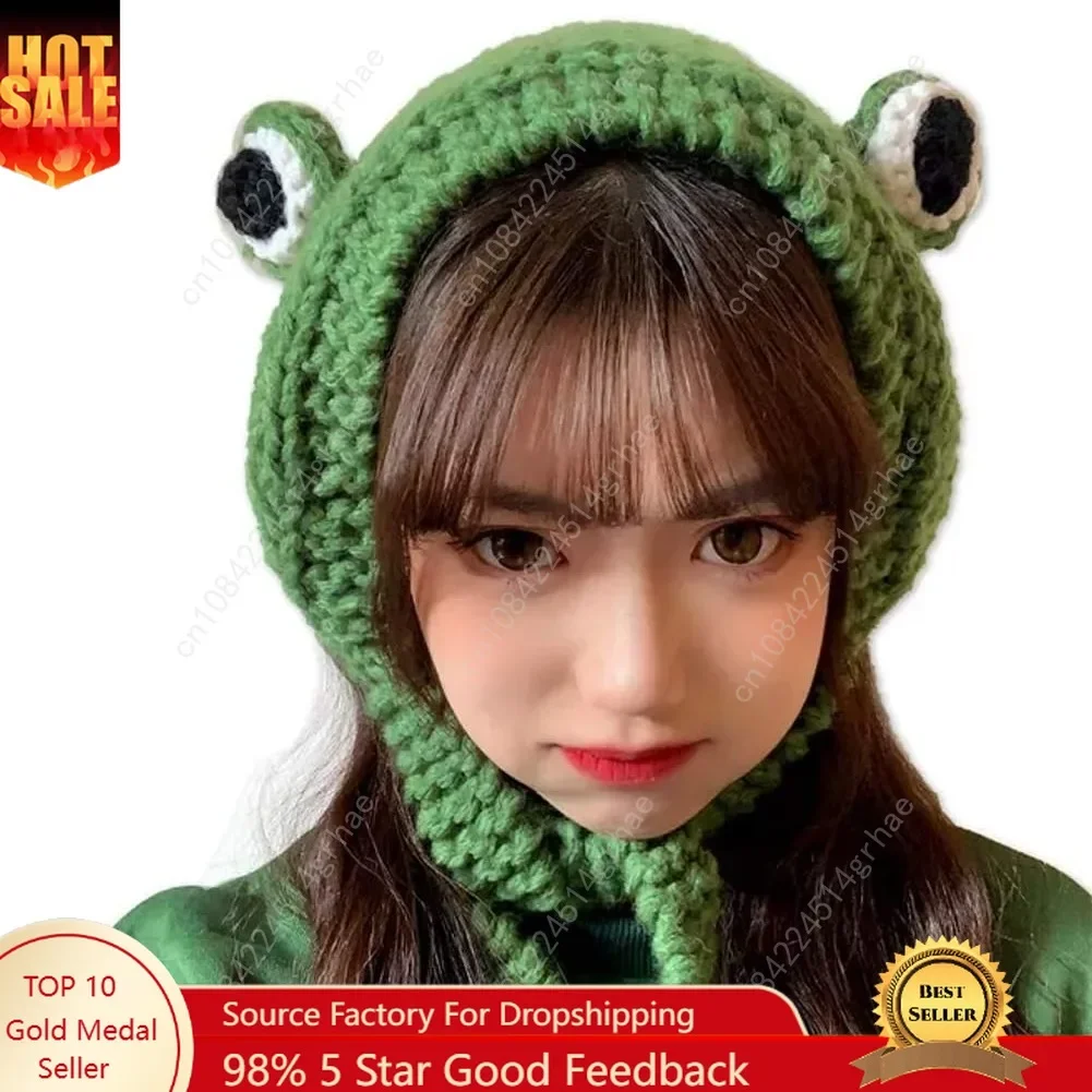 

Frog Headband Hat Cute Crochet Knitted Headband Outdoors Big Eye Frog Cap Earflap Ear Protective