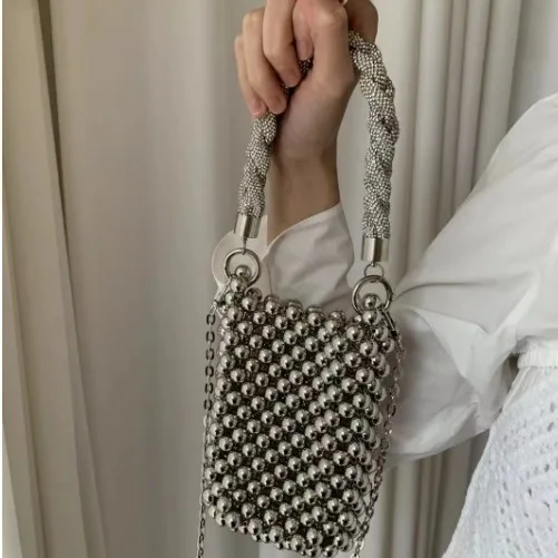 

Luxury Diamonds Handle Woman Handbags Beaded Pearls Bags for Woman Crystal Woven Shoulder Crossbody Bag Evening Wedding Clutch