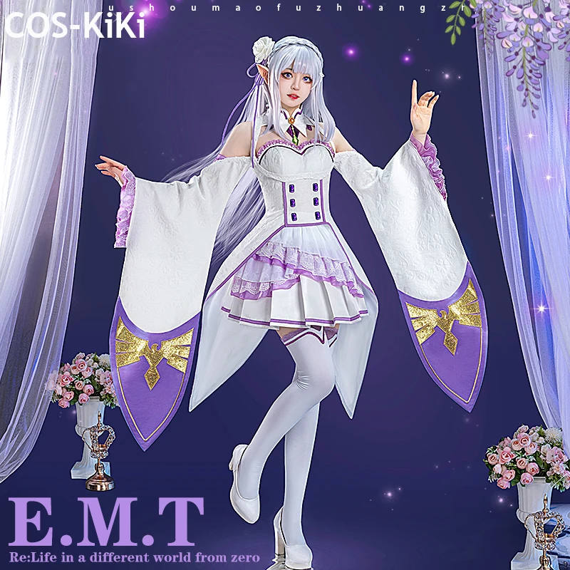 COS-KiKi Re:Life In A Different World From Zero Emilia Gorgeous Dress Lovely Cosplay Costume Halloween Party Role Play Outfit