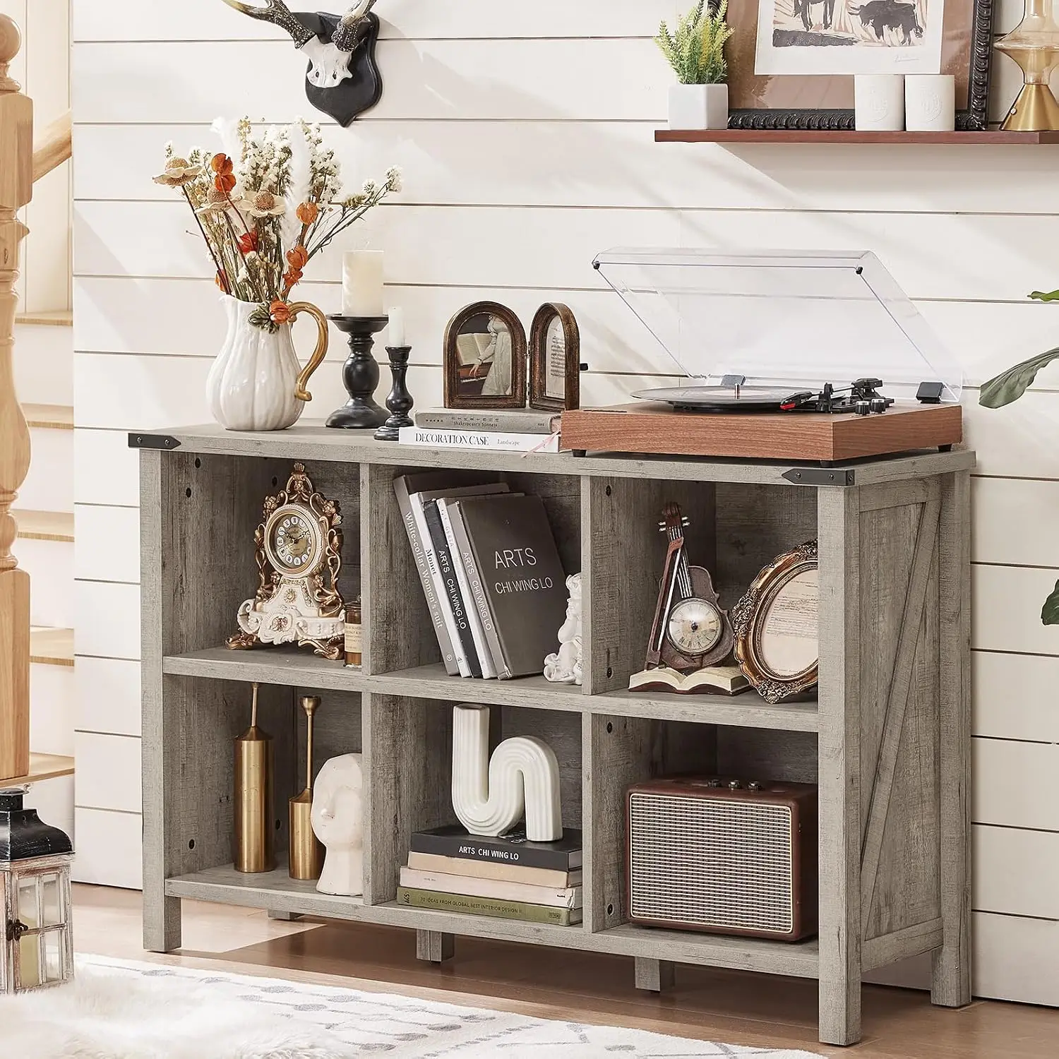 Farmhouse 6 Cube Bookshelf, Rustic Grey Oak Wooden Storage Organizer Book Shelf, 47 Inch Cubby Hallway Bookcase,, Customized