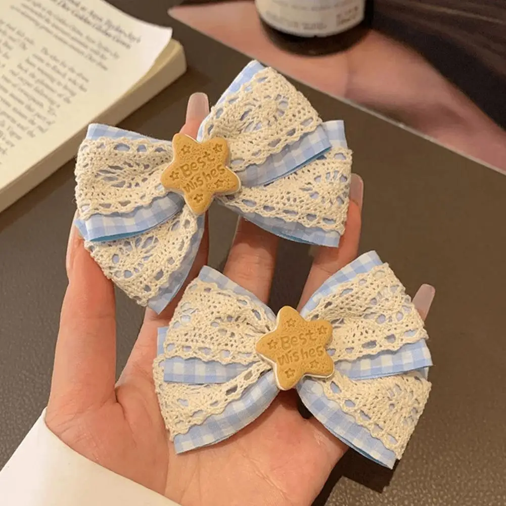 

Girl Hairpin Hollow Lace Double-Layer Design Blue Plaid Wooden Star Decoration Hair Clip College Style Hair Accessory