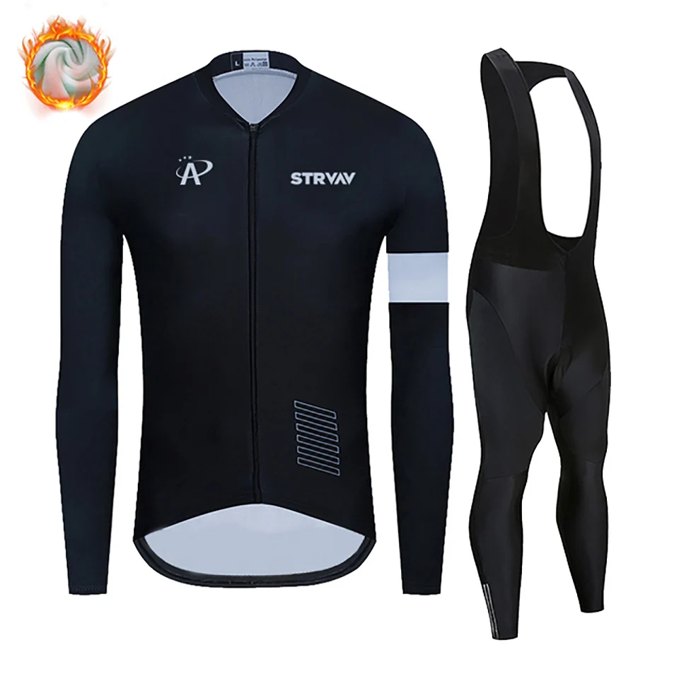 

Strvav-Long Sleeves Thermal Fleece Cycling Jersey Set, Bicycle Clothing, MTB Maillot, Bike Uniform, Winter, 2023