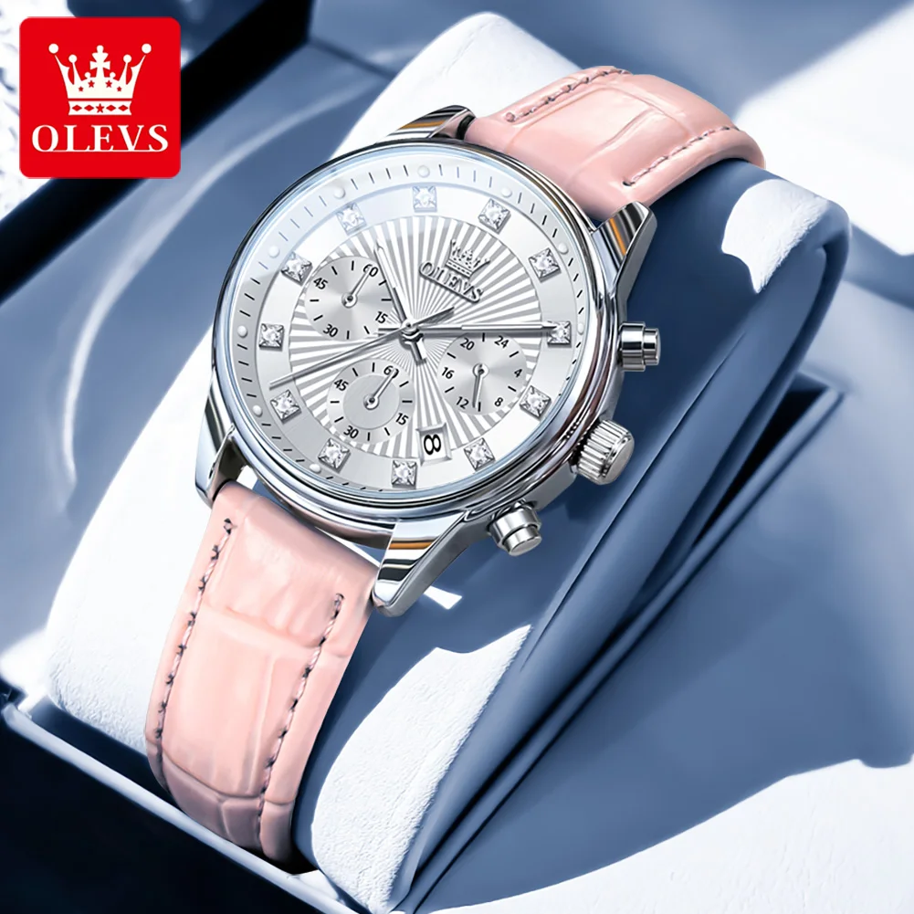 OLEVS 3669 Leather Strap Original Quartz Watch for Women Diamond Dial Classic Chronograph AutoDate Waterproof Women's Wristwatch