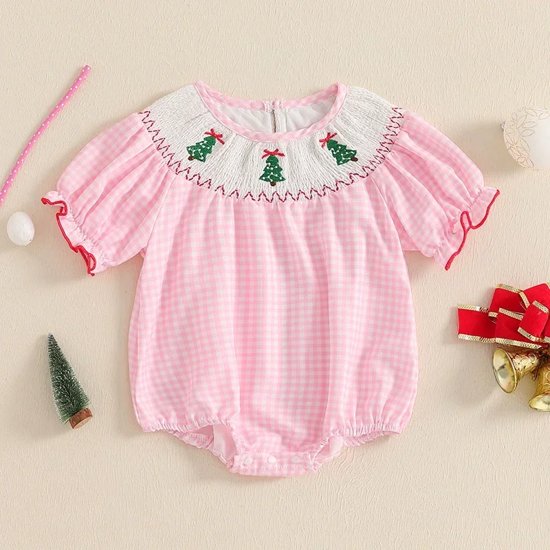 New Baby Girl Christmas Romper Tree Embroidered Plaid Short Sleeve Smocked Round Neck Ruffled Fall Jumpsuits 0-24 Months