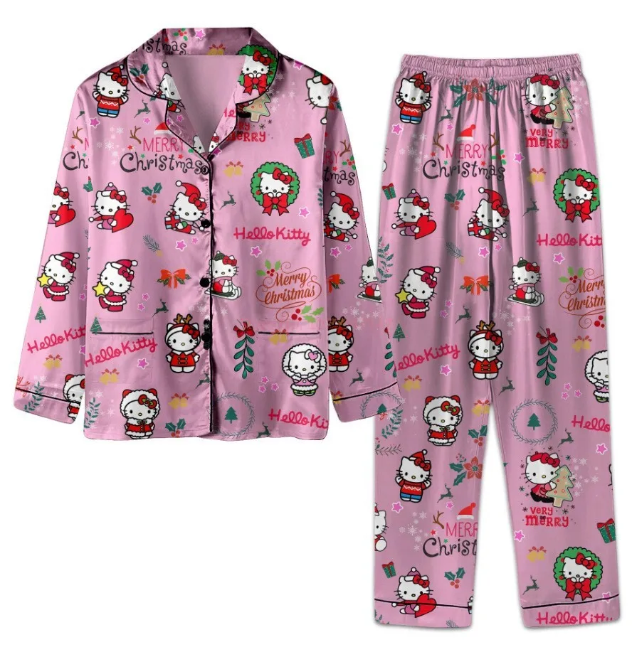 Sanrio Christmas Hello Kitty Casual Pajama Girls Y2k Home Pajamas Set Kawaii Women\'S Printed Kt Cat Pants Long Sleeve Gifts