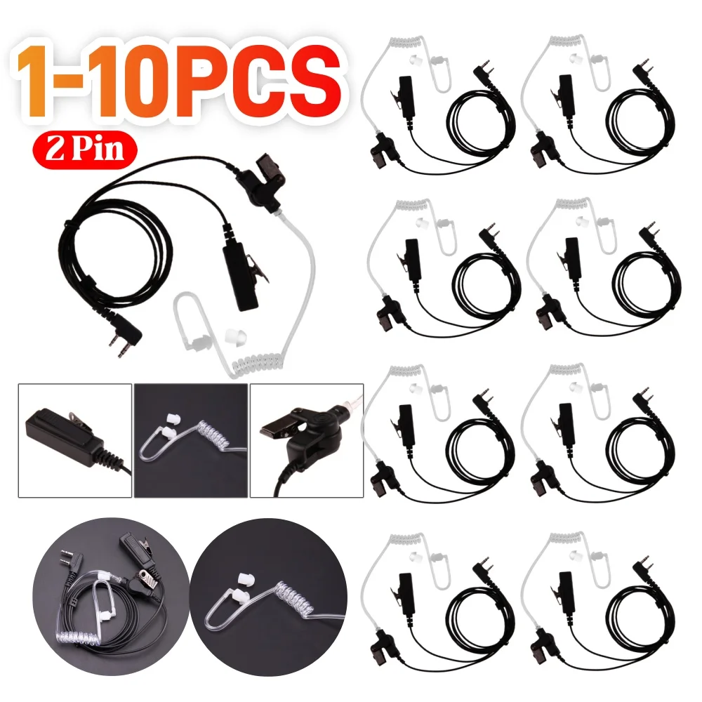 1-10pcs 2 Pin Practical Covert Acoustic Tube Earpiece Headset Mic for Kenwood KPG TH TK for BAOFENG for HYT for WOUXUN Earphones