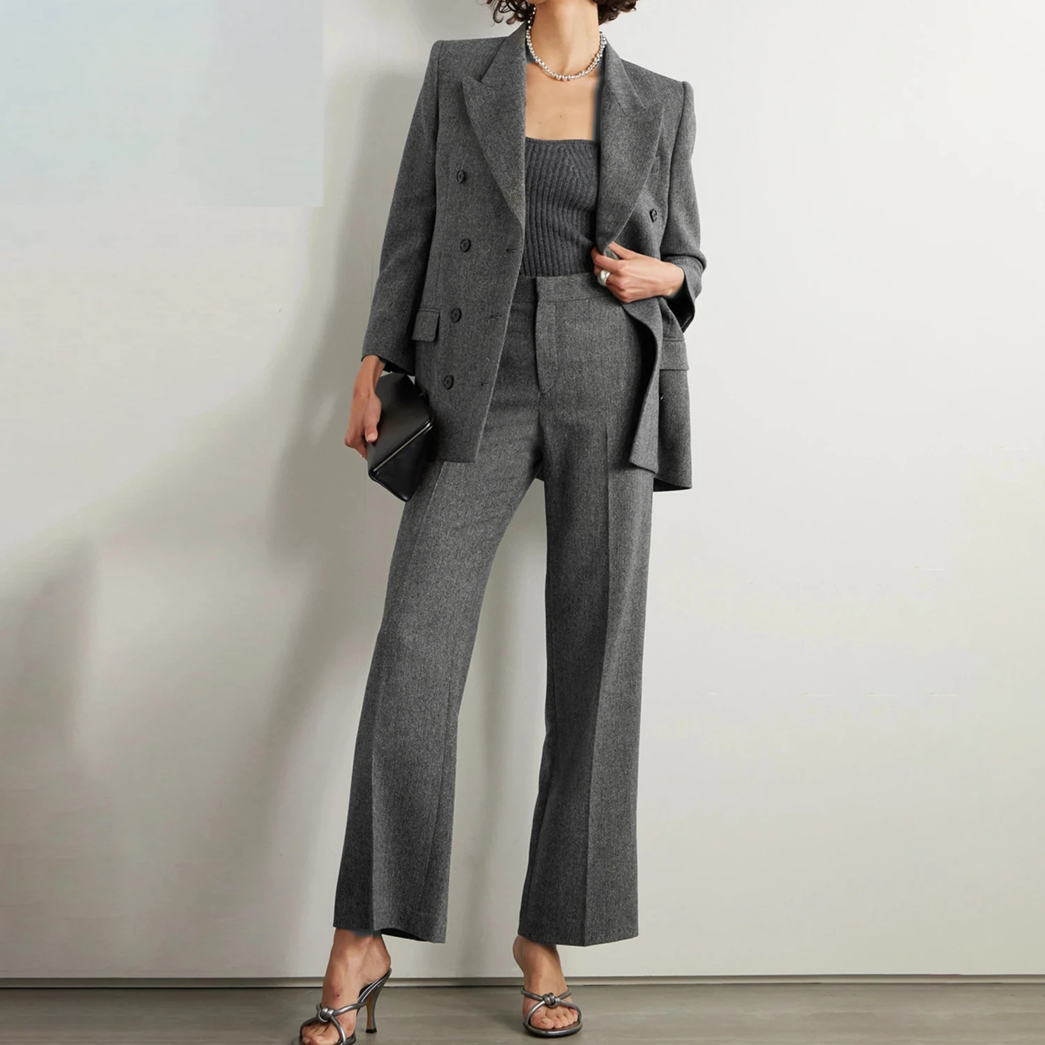 Allingentle Gray Women's 2 Piece Set Double-Breasted Business Suit Elegant Pantsuit Set for Party Office Outfits Customize