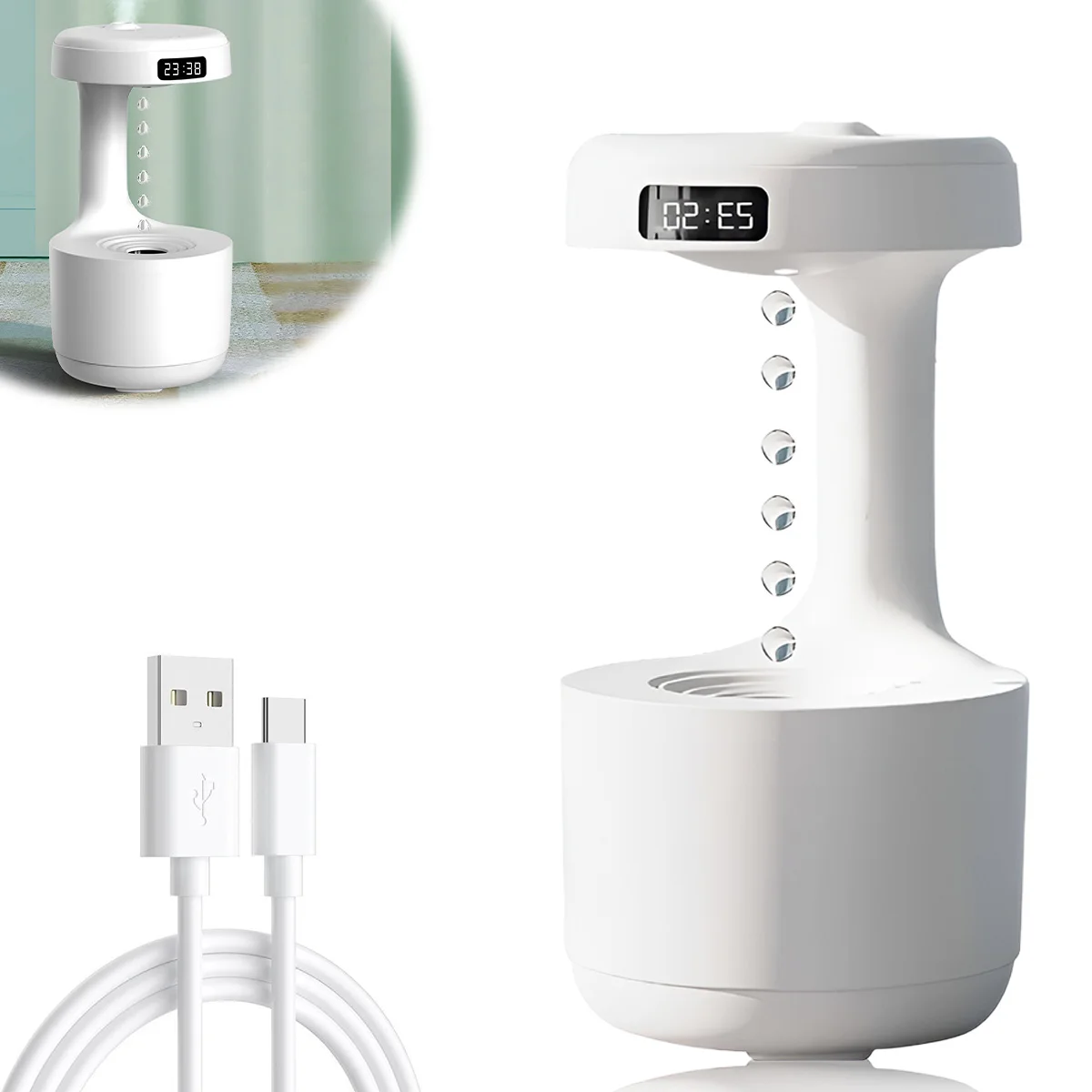 Water capacity 600ml, anti gravity humidifier with light, desktop air droplet backflow aromatherapy machine